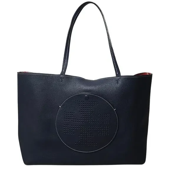 Tory Burch Perforated Tote Blue Bag Logo Shoulder Handbag - Picture 1 of 9